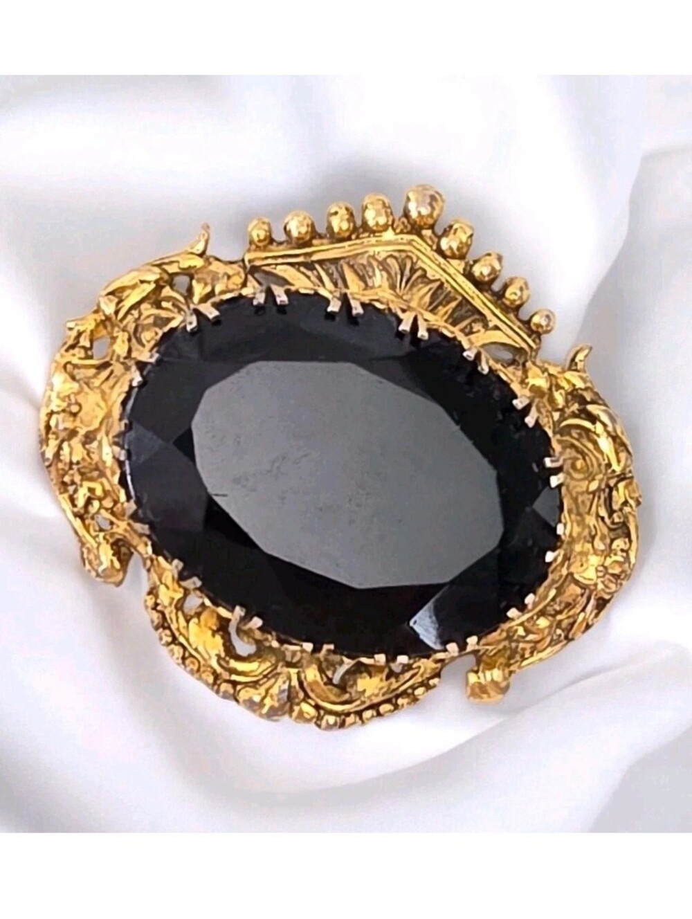 Vintage Mid Century Victorian Revival Large Faceted Black Glass Ornate Brooch